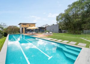 Completed swimming pool, spa and wooden decking entertainment area at Mount Martha.